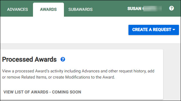 processed requests section of the awards landing page