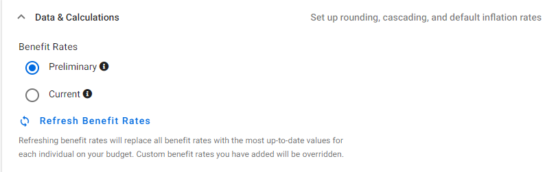 SAGE benefits rates selection radio button with "preliminary" selected