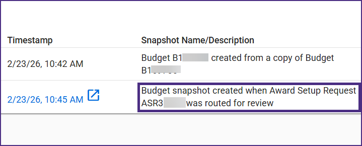 SAGE screenshot showing an example snapshot taken when an award setup request is routed for review