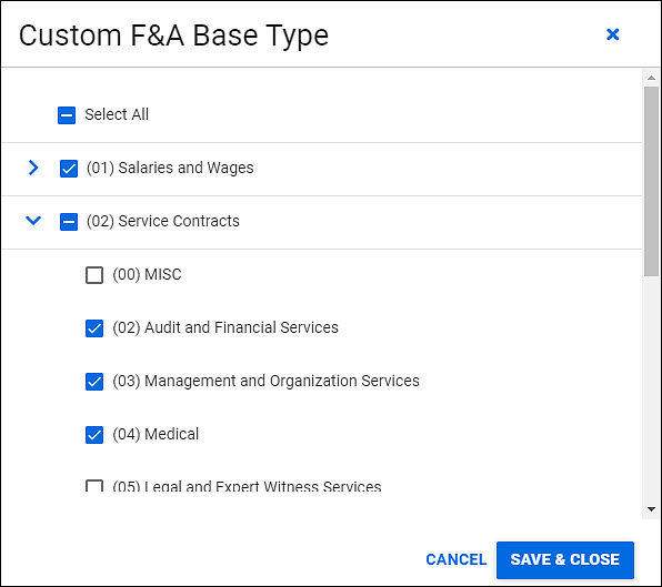 example selections of object and sub-object codes