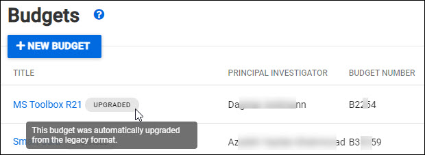budget list legacy auto-upgrade indicator