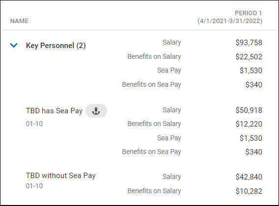 budget summary sea pay lines for personnel