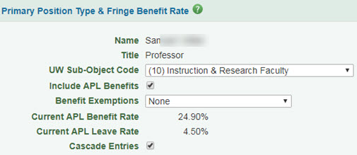 primary position type and fringe benefit rate section