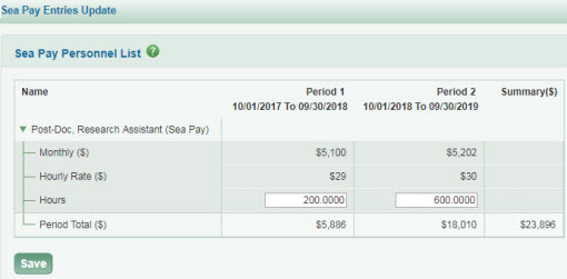 entry screen for sea pay hours