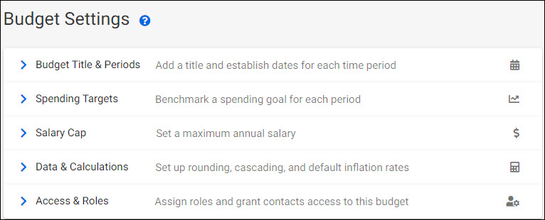 budget settings sections
