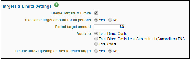 targets and limits tab fields