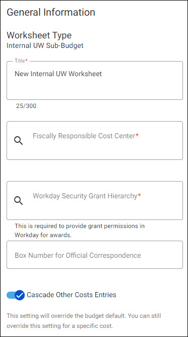 budget worksheet general information section
