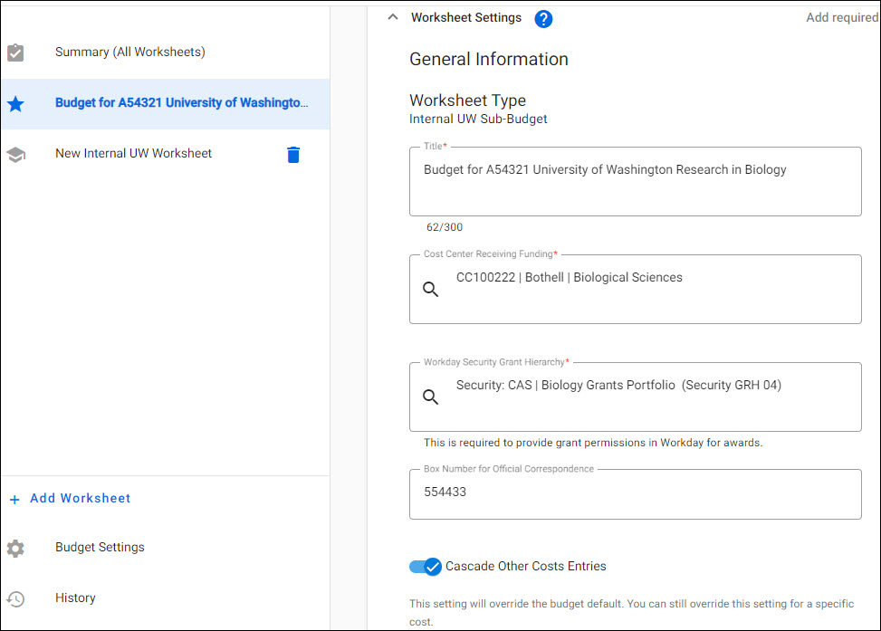 budget worksheet settings with a long title