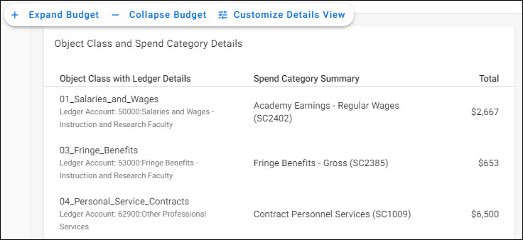 object class and spend category budget details