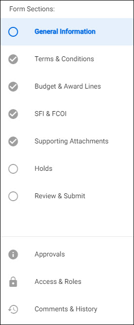Award Setup Request left navigation menu