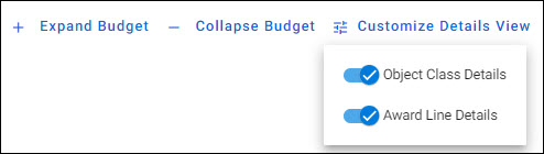 award setup request budget expand, collapse, and customize details view buttons