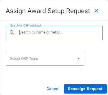 assign award setup request dialog