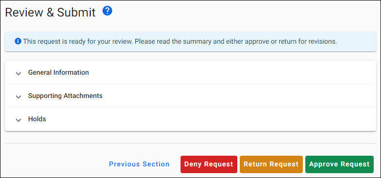 modification request review and submit section buttons