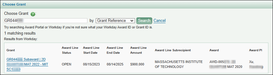 Choose grant search results