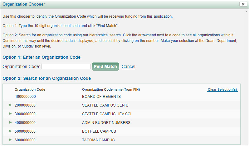 organization code chooser modal