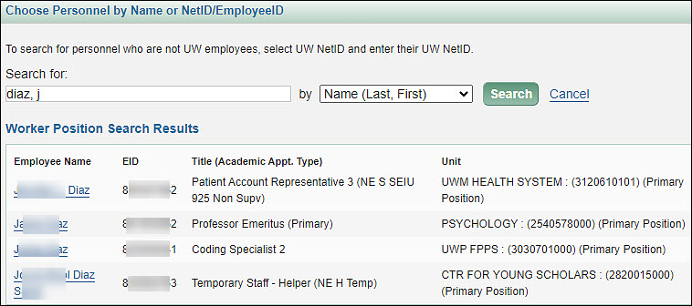 example results for the personnel chooser