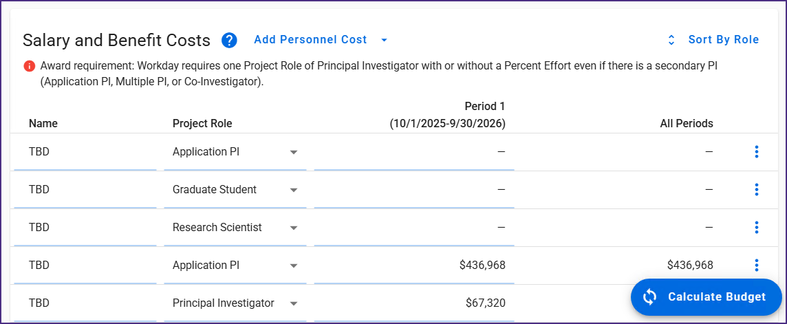 Screenshot of SAGE showing fields with dashes, indicating a pending calculation, and the blue Calculate Budget button.