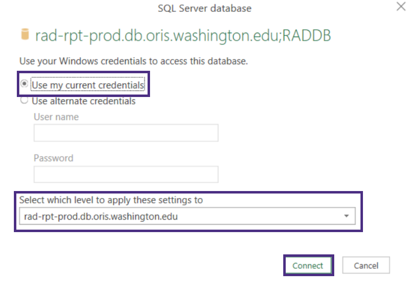 Use current credentials selected.