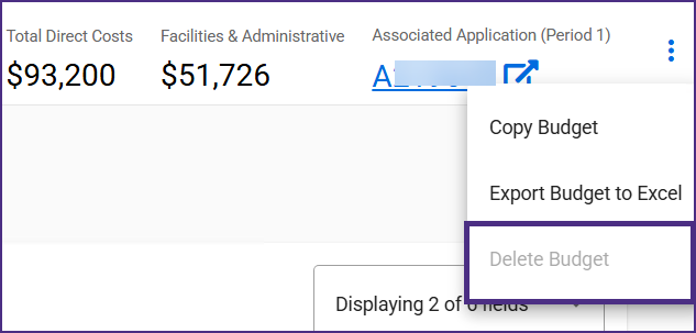SAGE screenshot showing the grayed-out delete budget button.