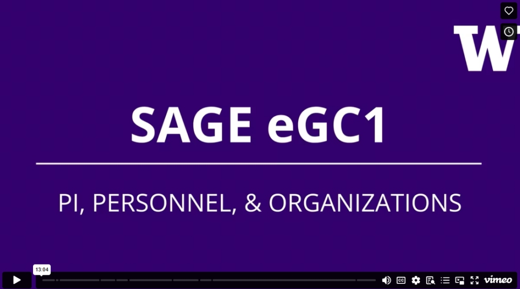 Screenshot of the SAGE eGC1 PI, Personnel & Organizations video, showing the title.