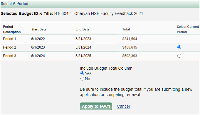 E G C one budget select period dialog