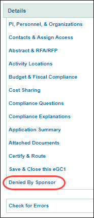 left navigation menu showing denied by sponsor link