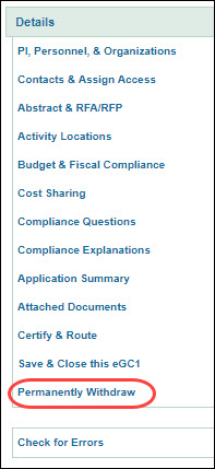 left navigation menu showing permanently withdraw link