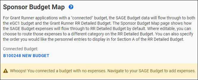 sponsor budget map page alert for no expenses