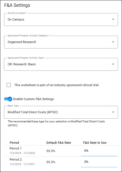 Budget Worksheet Settings for F and A