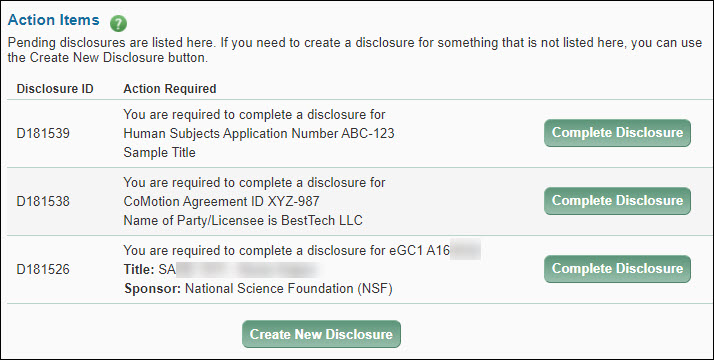 action items section with pending disclosures