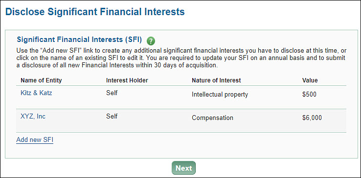 existing S F I list with add new link