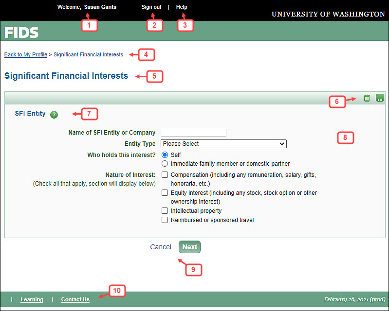 example page with the parts numbered