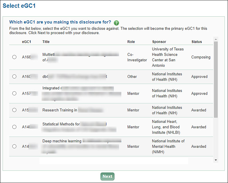 list of E G C ones to select from for the disclosure