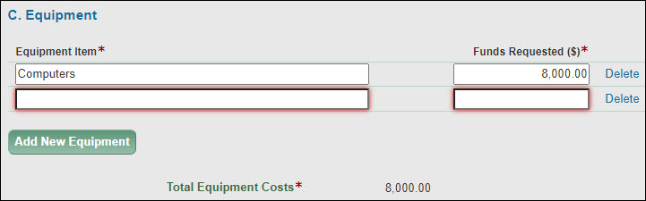 detailed budget equipment section