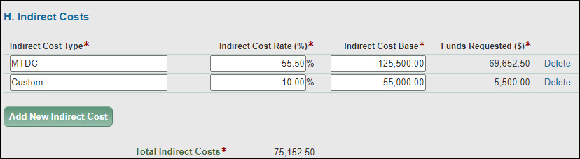 section h indirect costs with added row