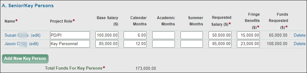 detailed and subaward budgets senior key persons section