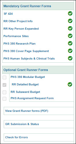 grant runner left navigation menu
