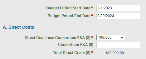 Budget Period Dates and Direct Costs