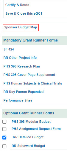 sponsor budgt map link on left nav menu