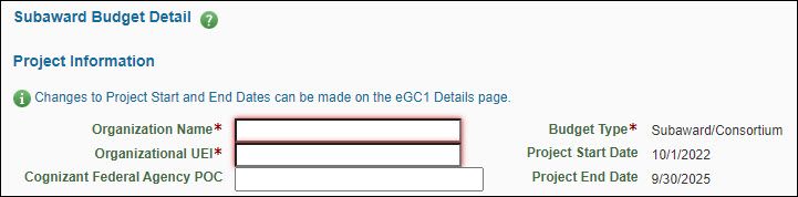 subaward budget project information section