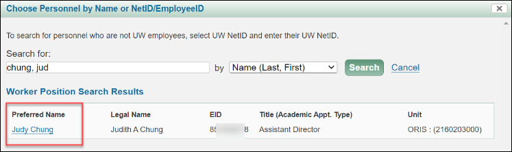 personnel chooser results with preferred name