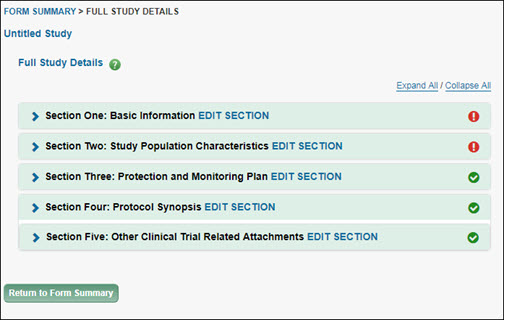 full study summary page showing five sections
