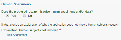 human specimens question answered yes and showing required explanation attachment
