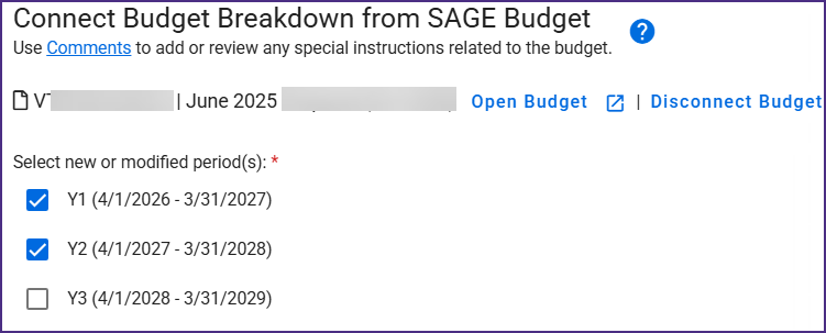SAGE screenshot showing a budget connected to a MOD request with the first two periods selected and the third unselected. 