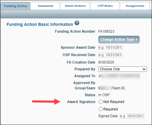 funding action with new award signature fields