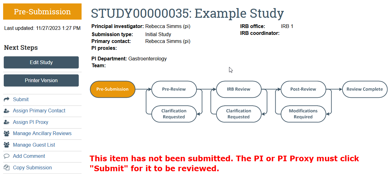 screenshot of a study in pre-submission state