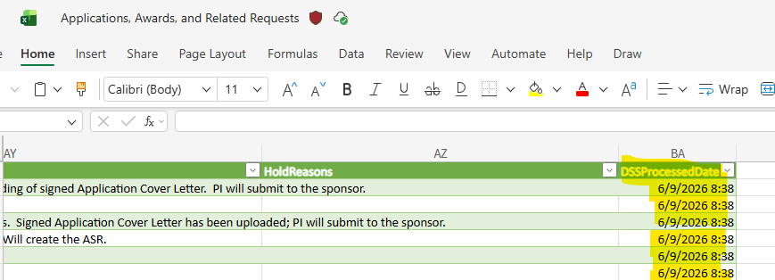 Applications, Awards, and Related Requests report with final column BA "DSSProcessDate" highlighting date data was refreshed.