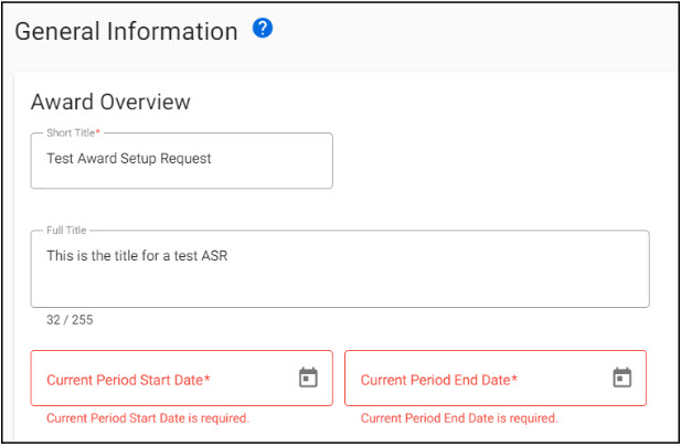award setup request required fields example