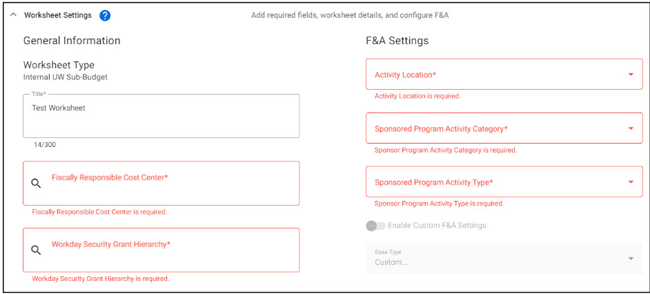 sage budget worksheet settings required fields