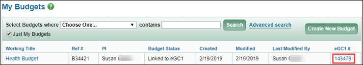 my budgets page showing connected e g c 1 link